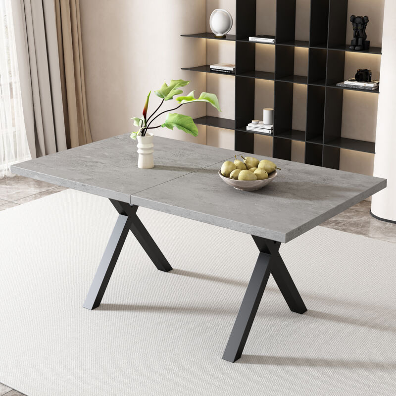 Okwish - Table à manger 140x80x76 cm moderne et simple, design à pieds croisés, en fer forgé, béton + noir