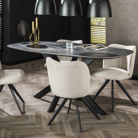 Table à manger 180x90x77 cm plateau effet marbre noir-brun