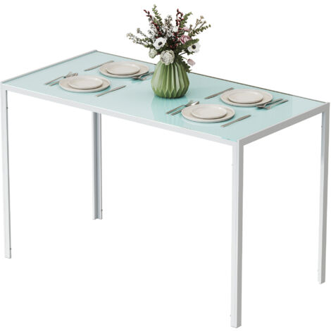 Table à manger 4 personnes, table cuisine plateau verre trempé pieds métal, 120x60x75cm, blanc