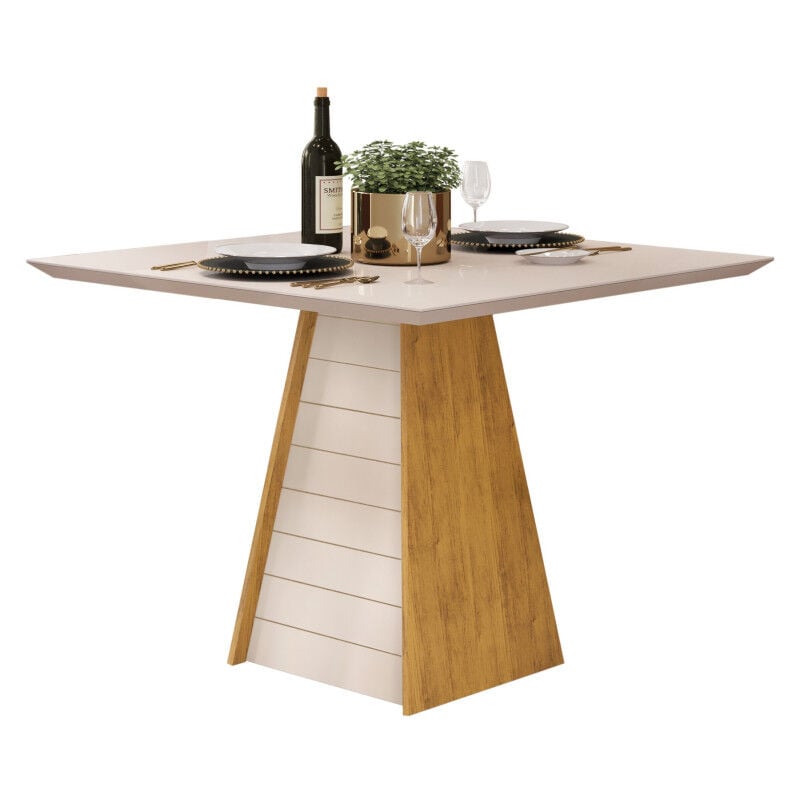 Table à Manger 4 Places Carrée Chêne et Blanc Dessus Verre l 90 h 80.7 cm