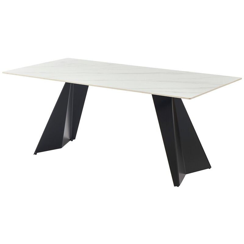 Vente-unique - Table à manger 6 personnes en céramique et métal - Effet marbre blanc et Noir - niolea