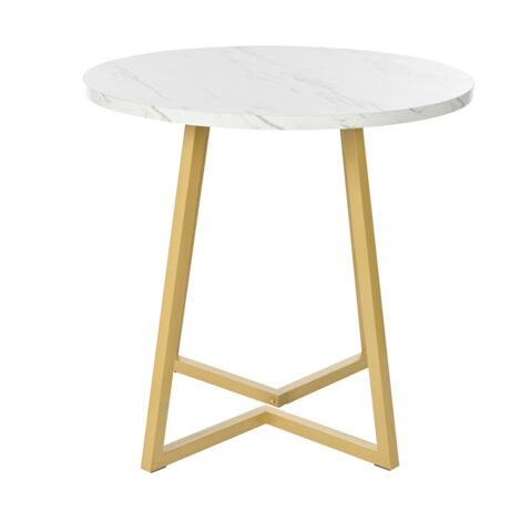 Table à manger 75xD80cm, Table ronde motif en marbre, Pied en métal, pour salle à manger, salon, Blanc/Doré
