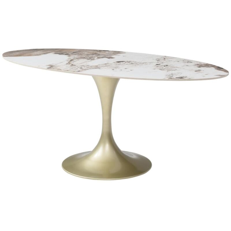Vente-unique - Table à manger 8 personnes en céramique et métal doré - Effet marbre blanc et gris - elva de Maison Céphy