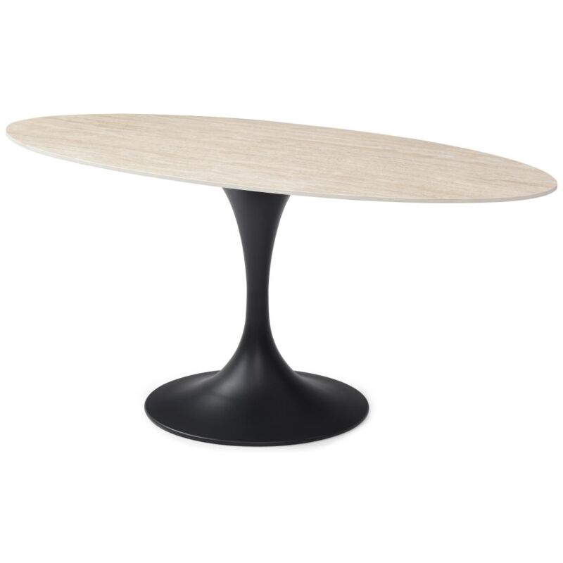 Vente-unique - Table à manger 8 personnes en céramique et métal noir - Effet travertin beige - elva de Maison Céphy