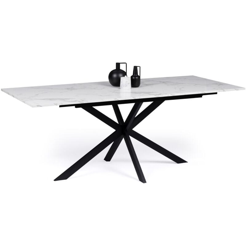 Table à manger extensible rectangle alix 6-10 personnes pied araignée noir plateau effet marbre blanc alaska 160-200 cm