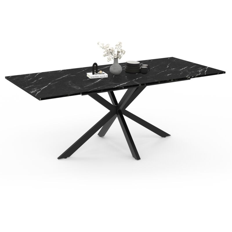 Idmarket - Table à manger extensible rectangle alix 6-10 personnes pied araignée noir et plateau effet marbre noir alaska 160-200 cm