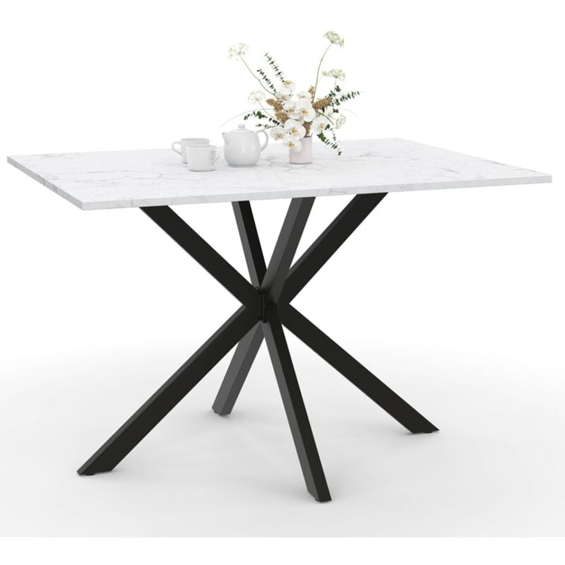 Table à manger rectangle alix 6 personnes pied araignée noir et plateau effet marbre blanc alaska 110 cm