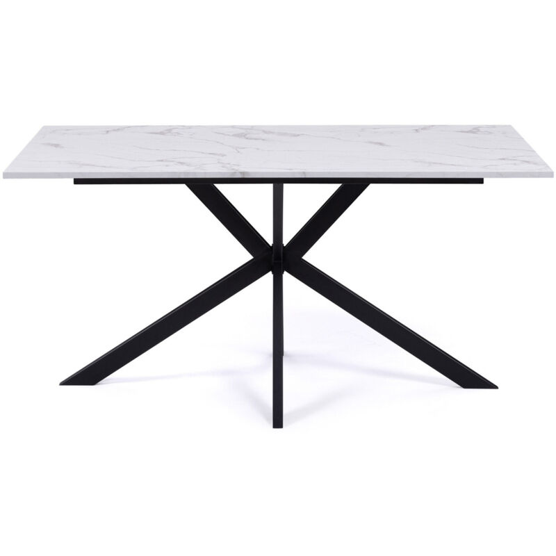 Table à manger rectangle alix 8 personnes pied araignée noir et plateau effet marbre blanc alaska 160 cm