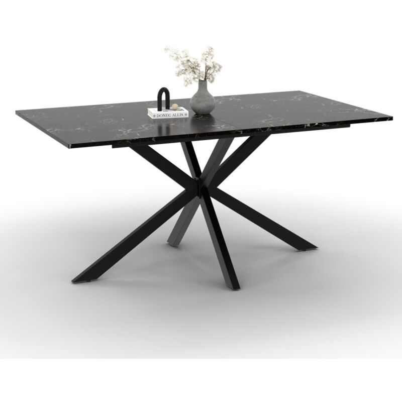 Table à manger rectangle alix 8 personnes pied araignée noir et plateau effet marbre noir alaska 160 cm