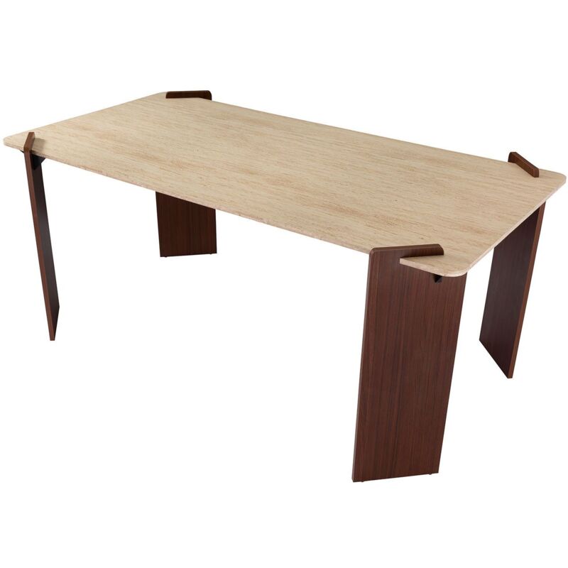 Table à manger au design Art Déco Cezanne 80x190cm Effet travertin Beige et Bois foncé