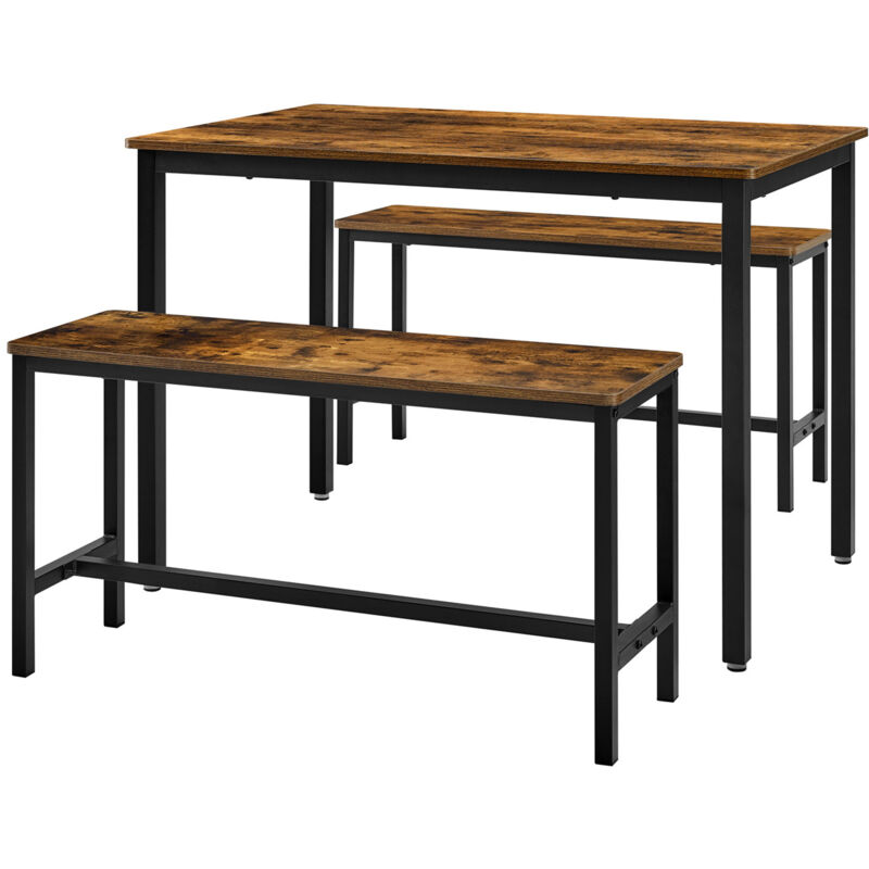Table à Manger avec 2 Bancs, Ensemble de 3 Meubles, 70 x 110 x 75 cm, 2 Bancs de 30 x 97 x 50 cm, Cadre en Acier, Marron Ruatique et Noir d'encre