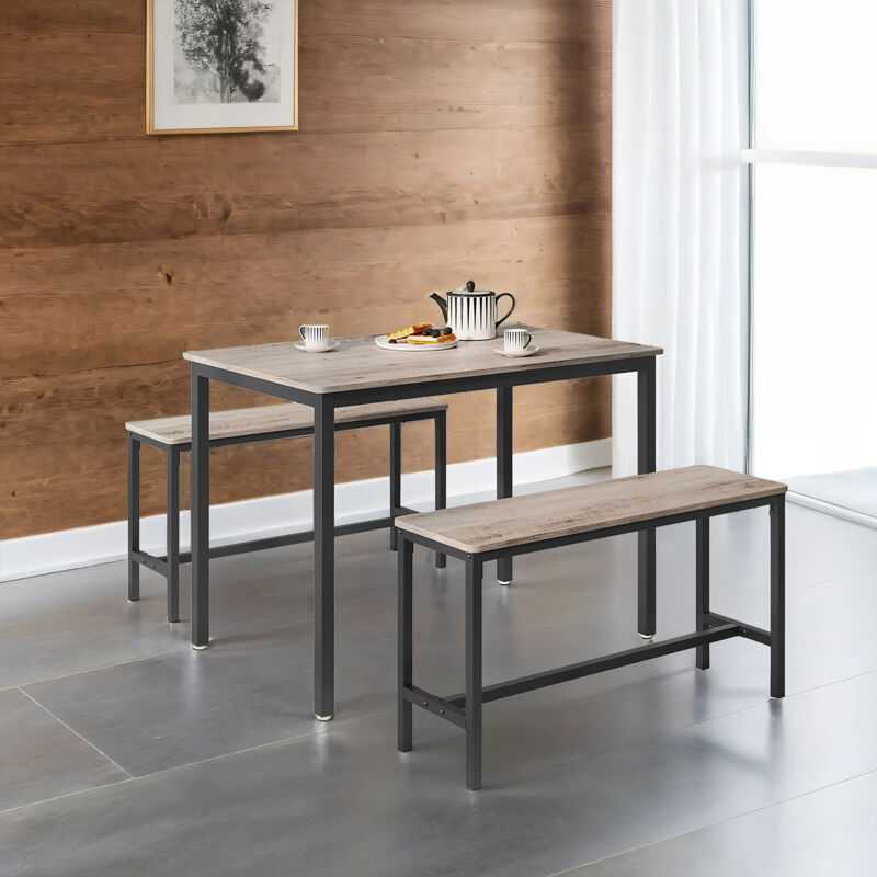 Table à Manger avec 2 Bancs, Ensemble de 3 Meubles, 70 x 110 x 75 cm, 2 Bancs de 30 x 97 x 50 cm, Cadre en Acier, Grège et Noir