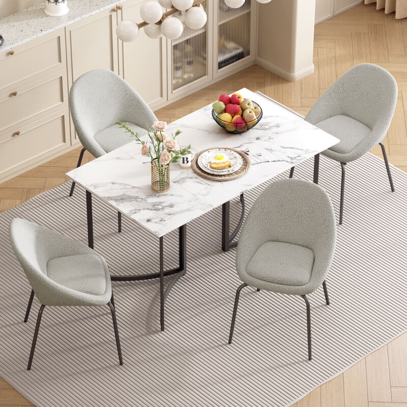 Table à manger avec 4 chaises Table à manger blanche moderne avec aspect marbre et pieds courbés, ensemble de 4 chaises avec coussinets de pieds