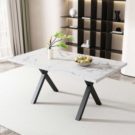 Table à manger avec pieds croisés, table rectangulaire en fer forgé, structure en marbre, 140x80x76 cm, table basse moderne - Blanc