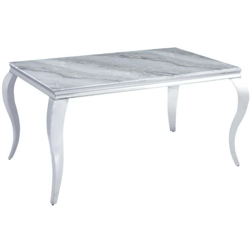 Table à manger BAROQUE 6 à 8 couverts pieds chrome plateau en verre 180x90 cm effet marbré greige