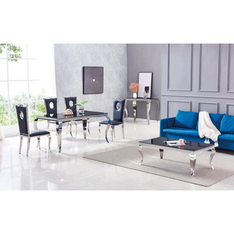 Homy France - Table à manger baroque Chrome verre Marbre noir 6 à 8 couverts 180 cm