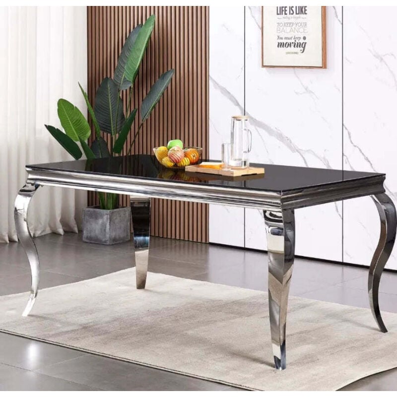 Homy France - Table à manger baroque Chrome plateau Noir 4 à 6 personnes l 150cm