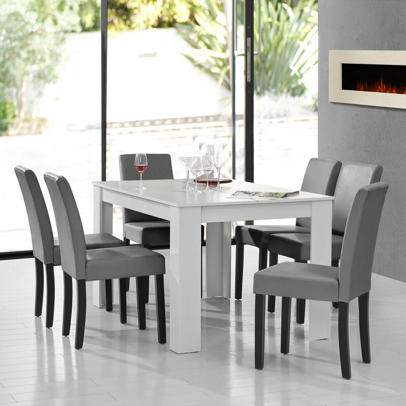 [en.casa] - Table à manger blanc mat avec 6 chaises gris brilliant cuir synthétique rembourré 140x90