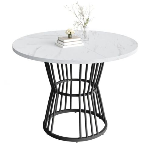 Table à manger blanche - Plateau Modèle de marbre & pied métal noir - Moderne et robuste - Cuisine/petit-déjeuner