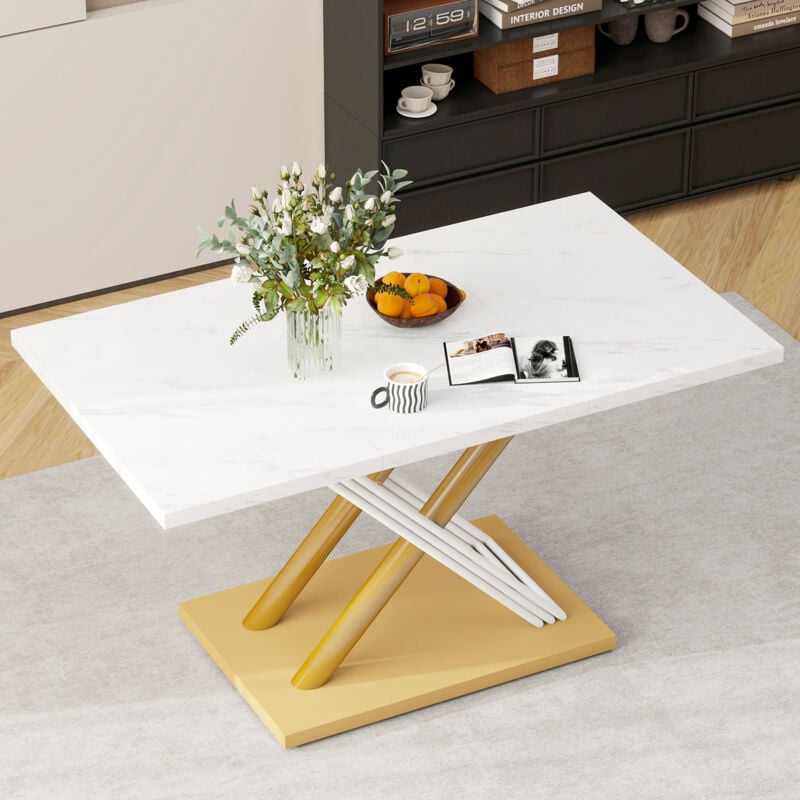 Okwish - Table à manger blanche pour 4 personnes avec plateau aspect marbre et pieds réglables, 140x80x75 cm