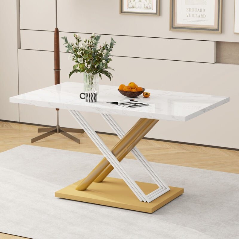 Table à manger blanche pour 4 personnes avec plateau aspect marbre, pieds réglables, table de cuisine moderne pour salle à manger et cuisine