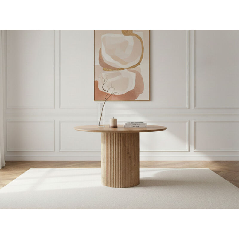 Table à manger ronde D.140 cm boecia chêne massif et travertin naturel - Bobochic