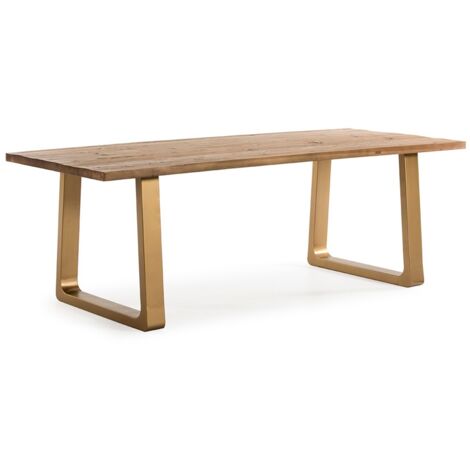 Table à manger bois massif clair et pieds métal doré 220cm