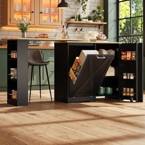 Table à Manger - Buffet Pivotant avec 2 Portes et 2 Tiroirs, Meuble de Rangement MDF 138-203x39x105 cm, Noir + Naturel