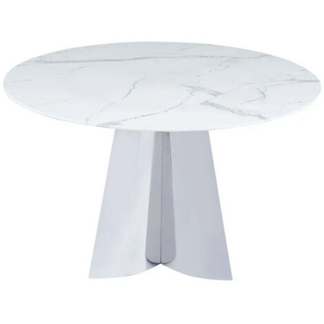 Homy France – Table repas ronde CAPUCINE – Verre trempé effet marbre blanc D130cm – Piétement acier inoxydable chrome – Pour 4 à 6 personnes
