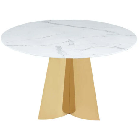 Homy France – Table repas ronde en verre trempé effet marbre blanc D130cm – Pied central en acier inoxydable Gold – Pour 4 à 6 convives – Design contemporain
