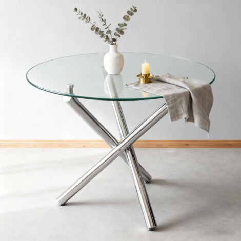 Table à manger carrée 80x80x76 cm, plateau en verre trempé transparent, pieds métal argent, 2 à 4 personnes