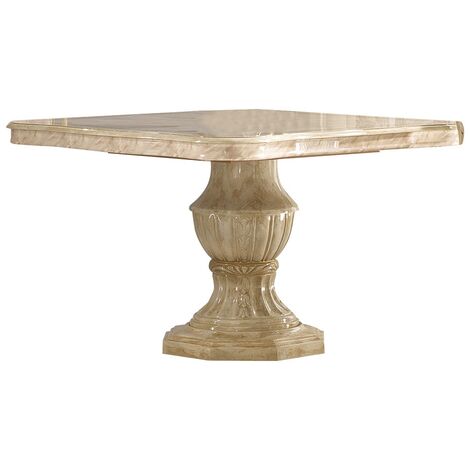Table à manger carrée extensible bois vernis laqué brillant beige et onyx effet marbré Lesly 120 à 165cm