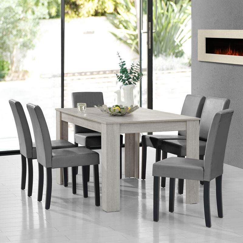 [en.casa] - Table à manger chêne blanc avec 6 chaises gris brilliant cuir-synthétique rembourré140x90