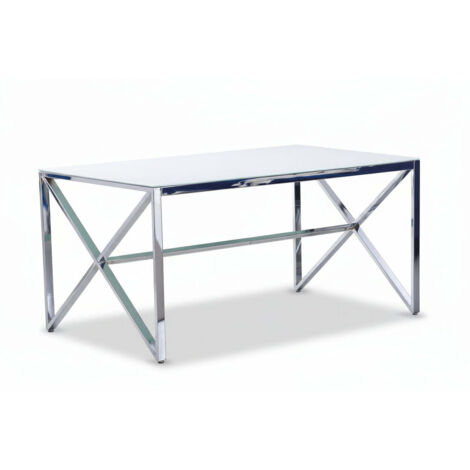 Table à Manger Chrome Verre Trempé Marbré Blanc – 150×90 cm – MAJESTIQUE
