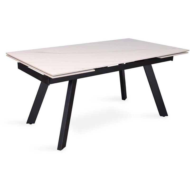 Table à manger extensible pour 10 personnes avec plateau en pierre blanche collection laros. Structure en métal.