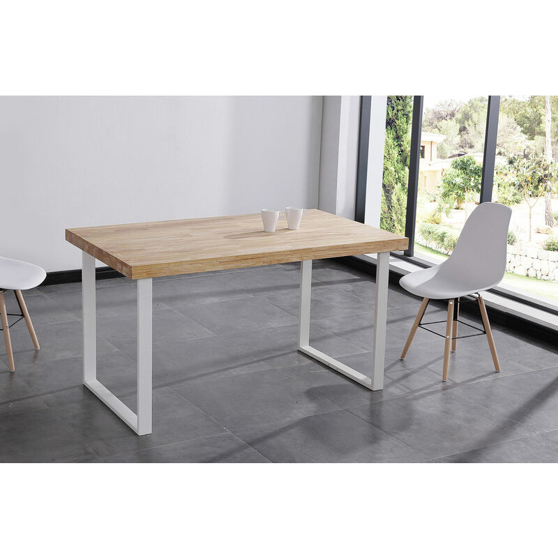 Table à manger coloris chêne nordique / pieds blanc, Longueur 140 x x largeur 80 cm x Hauteur 76,50 cm Pegane