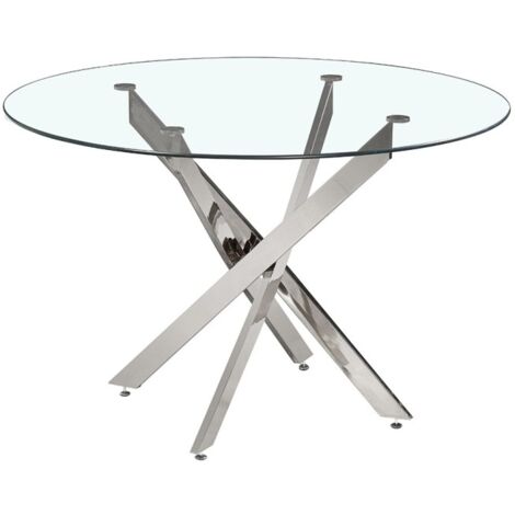 Table à manger CRISTELIA – Ronde Ø120 cm – Plateau en verre – Pieds chromés – Design élégant et moderne