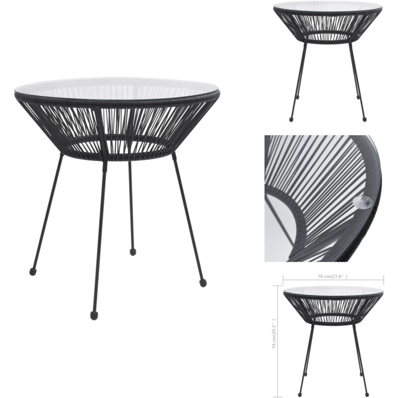 Table à manger de jardin Noir Ø70x74 cm Rotin et verre - Table De Jardin - Table Ronde - Mobilier De Jardin - Rotin - Verre Trempé