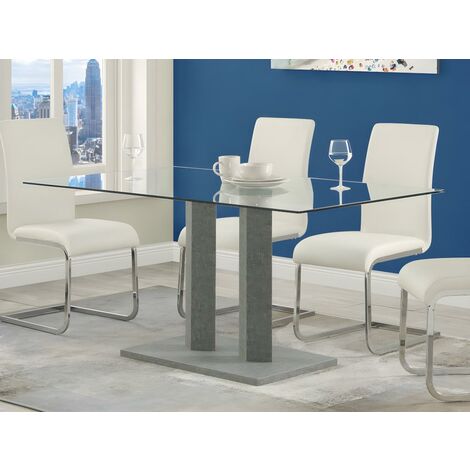 Table à manger DENIZE - 6 couverts - Verre trempé et MDF aspect béton - Transparent, Gris