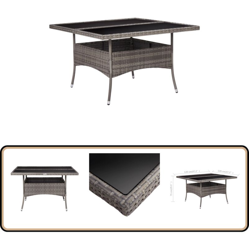 Table à manger d'extérieur Gris Résine tressée et verre - Table à Manger Extérieure - Table Jardin - Table Résiner Tressée - Table Aluminium