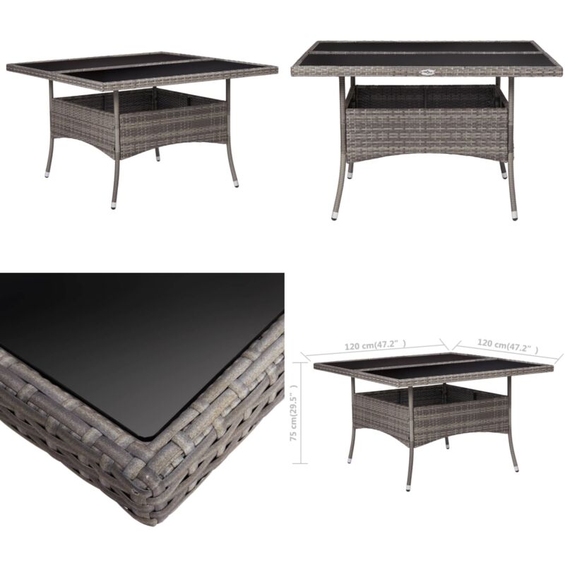 Table à manger d'extérieur Gris Résine tressée et verre - Table à Manger Extérieure - Table Jardin - Table Résiner Tressée - Table Aluminium