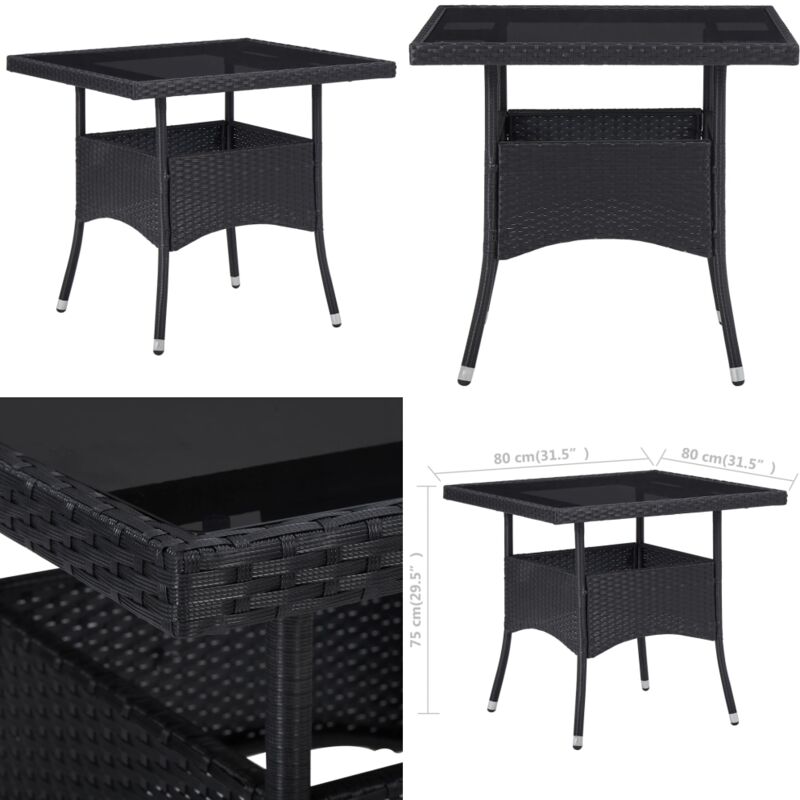 Table à dîner d'extérieur Noir Résine tressée et verre - Table De Jardin - Table Extérieure - Table à Manger - Mobilier De Jardin - Résine Tressée