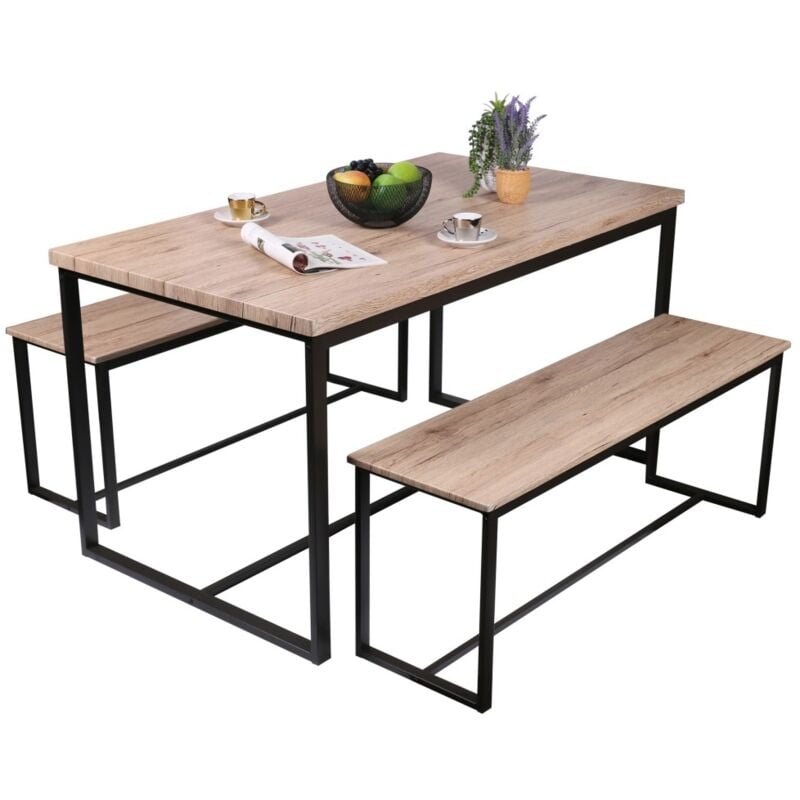 Ensemble table et deux bancs style industriel en bois et métal Collection daryl – Table 140 cm et deux bancs 120 cm