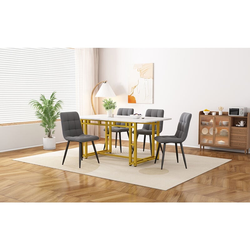 Ensemble table à manger, avec 4 chaises, 120 x 70 cm, chaises en tissu gris foncé, pieds en fer doré