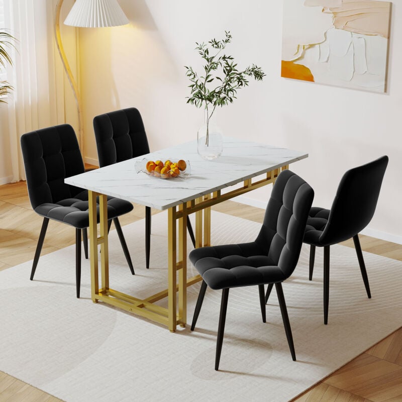 Okwish - Table à manger dorée 120x70 cm avec 4 chaises, ensemble de table à manger de cuisine moderne, chaises de salle à manger en velours noir,