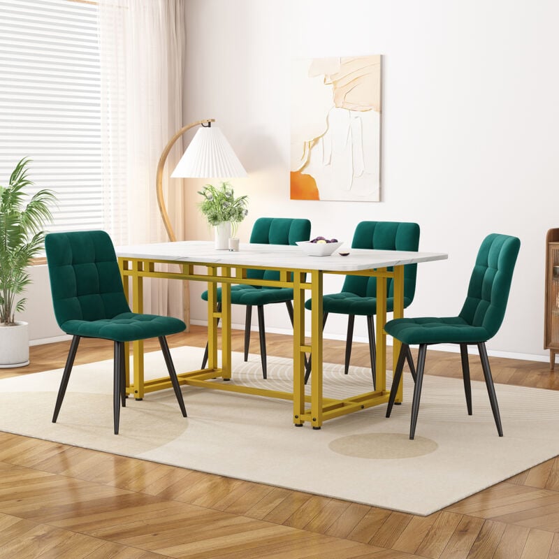 Table à manger dorée 120x70 cm avec 4 chaises, ensemble de table à manger de cuisine moderne, chaises de salle à manger en velours vert foncé, table