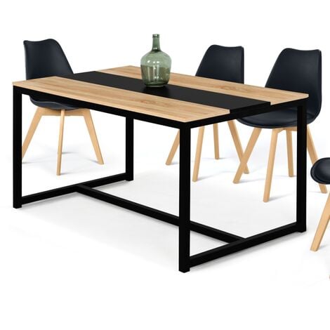 Table à manger DOVER 6 personnes bande centrale noire design industriel 150 cm - Bois clair