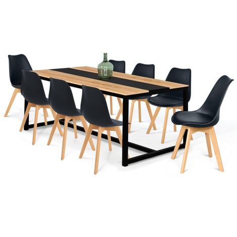 Table à manger DOVER 8 personnes bande centrale noire design industriel 180 cm - Bois-clair
