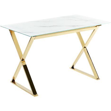 Table de salle à manger moderne effet marbre blanc et pied doré BOGOTA