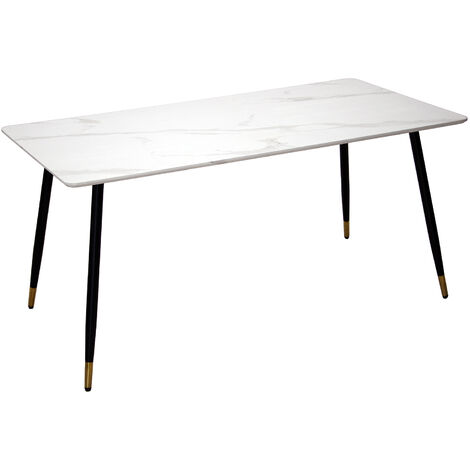 Table à manger en bois effet marbre blanc +84230 160X80X76 Cm pieds métal noir